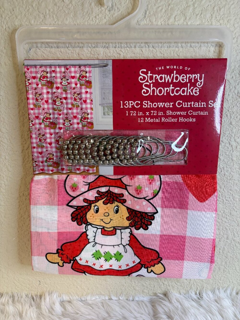 Strawberry Shortcake Shower Curtain Set Pink Gingham Hearts 72x72 NWT